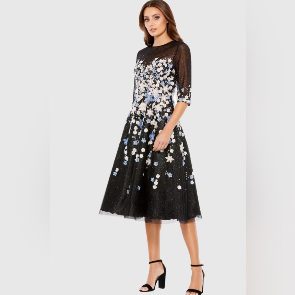 FLORAL EMBROIDERED A-LINE TEA-LENGTH COCKTAIL DRESS Size 10 Color Black Multi